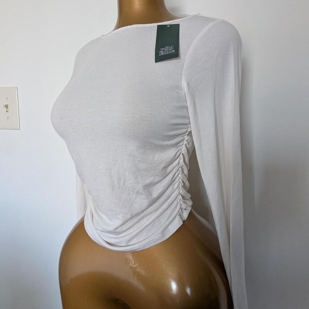Wild Fable Off White Ruched Long Sleeve Top Crewneck Blouse XS